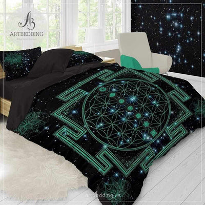 Spiritual galaxy yoga bedding, Sacred yantra amulet Flower of Life duvet cover set, Lotus galaxy spiritual bedspread Bedding set