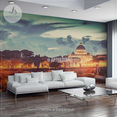 St. Peter's Basilica in Vatican City and Ponte Sant'Angelo bridge over Tiber river in Rome Cityscape Wall Mural, Italy Photo sticker, Italy wall decor wall mural