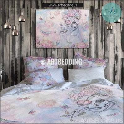 Sugar skull & roses duvet bedding set, Watercolor sugar skull girl & dragonflies duvet set, Bohemian bedding, handpainted art bedding Bedding set