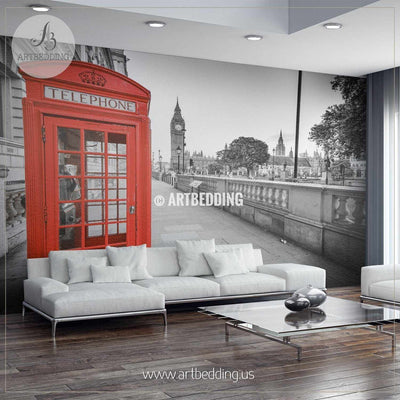 Traditional red phone box in London with the Big Ben in the background Wall Mural, Photo Mural, wall décor wall mural