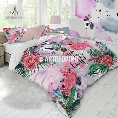 Tropical paradise bedding, Watercolor flamingo tropical flowers duvet bedding set, Summer vibes flamingo comforter set, Pink tropical flowers bedroom decor Bedding set
