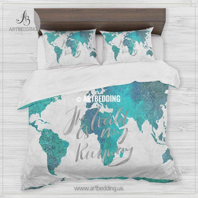 TURQUOISE GREEN AND BLUE WATERCOLOR ABSTRACT PAINTING world map bedding, Watercolor Bohemian world map duvet cover set, Modern adventure world map comforter set Bedding set