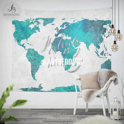 Turquoise green and blue watercolor paint world map wall Tapestry, Boho summer vibes  watercolor map wall hanging, bohemian wall tapestries, boho wall decor Tapestry