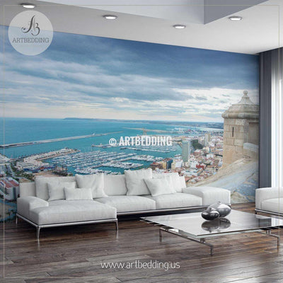 View from Santa Barbara Castle at the hill in the center of Alicante to the port Wall Mural, Landmarks Photo Mural, photo mural wall décor wall mural