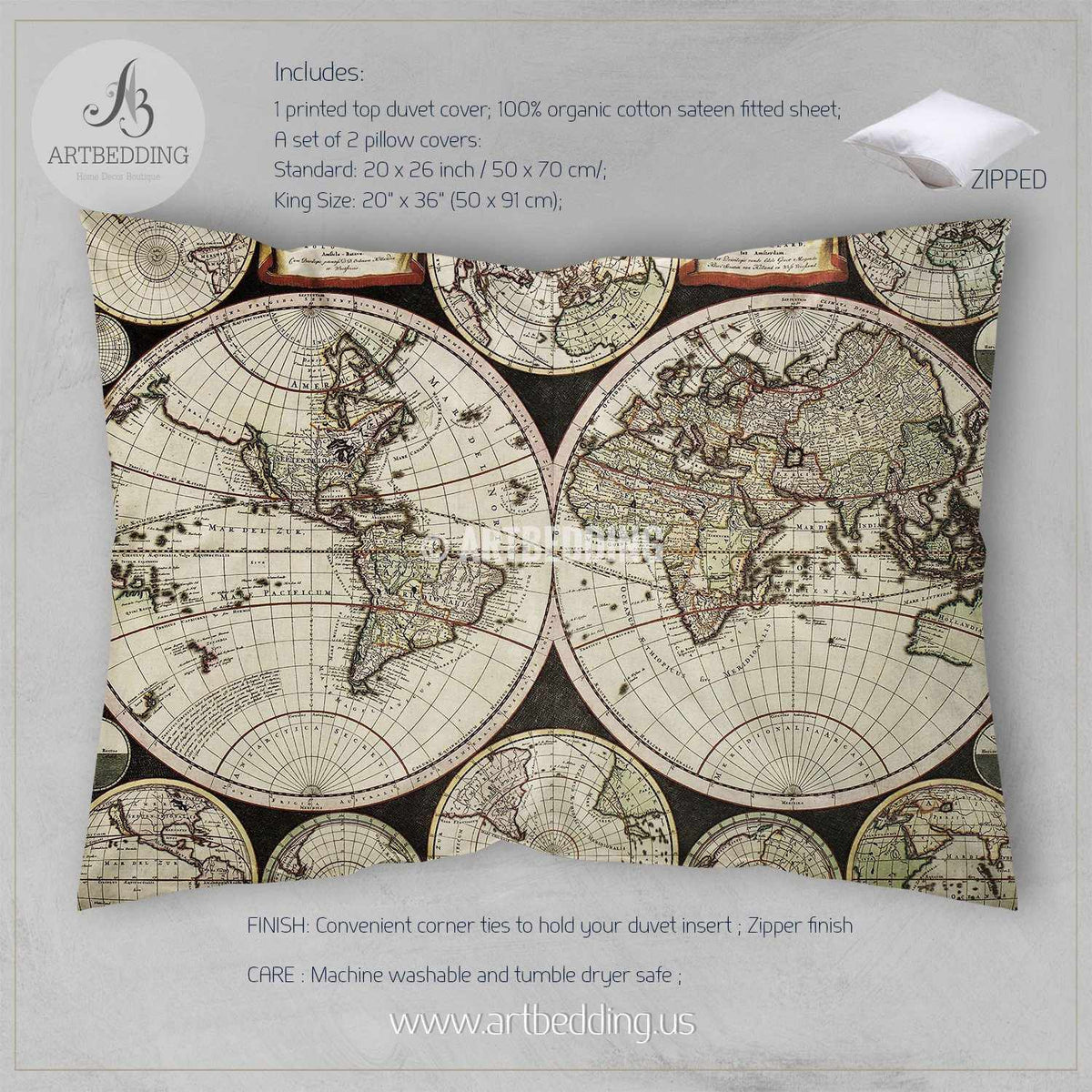 Vintage hemisphere world map bedding, Vintage old map duvet cover set ...