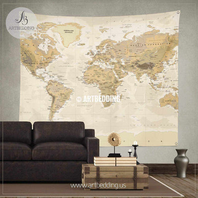 Vintage Physical World Map wall tapestry, vintage interior map wall hanging, old map wall decor, vintage map wall art print Tapestry