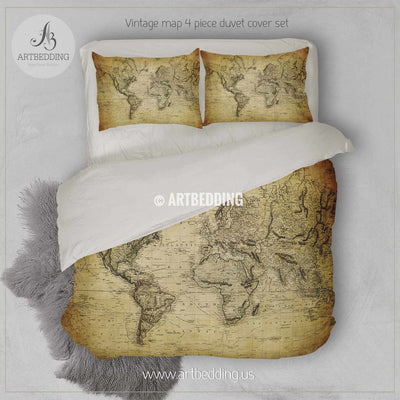 Vintage world map bedding, Vintage old map duvet cover, Antique map queen / king / full Bedding Set, Vintage steampunk map Duvet cover set Bedding set