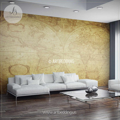 Vintage World Map from 1630 Wall Mural, Self Adhesive Peel & Stick Photo Mural, Atlas wall mural, mural home decor wall mural