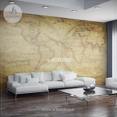 Vintage World Map from 1833 Wall Mural, Self Adhesive Peel & Stick Photo Mural, Atlas wall mural, mural home decor wall mural