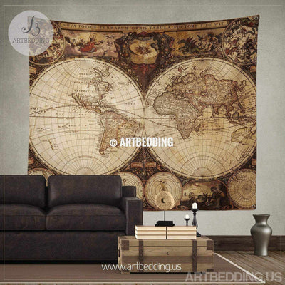 Vintage world map wall tapestry, Ancient world map wall hanging, vintage old map wall decor, Historical map wall art print Tapestry