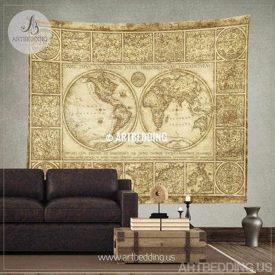 Vintage world map wall tapestry, old world map wall hanging, Historical map wall decor, vintage map interior Tapestry