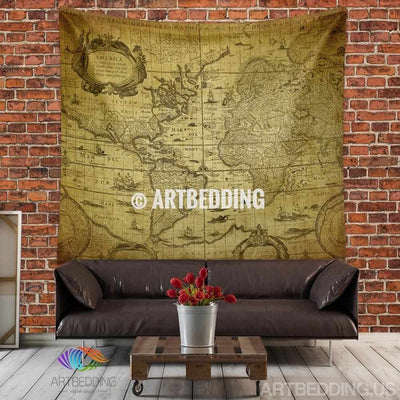 Vintage world map wall tapestry,  world map wall hanging, old map wall decor, historical vintage map interior