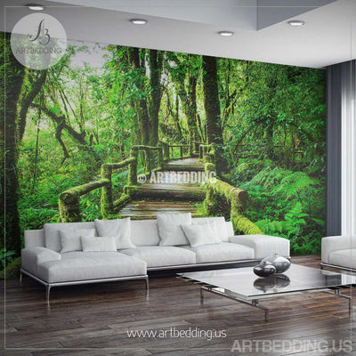 Wall Mural Deep forest bridge, Forest photo mural Self Adhesive Peel & Stick, Nature deep forest bridge wall mural wall mural