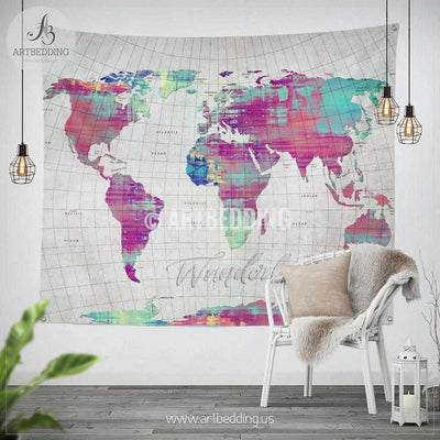 Wanderlust map wall Tapestry, World map grunge wanderlust wall hanging, Grunge pop art world map wall tapestries, bohemian wall decor Tapestry