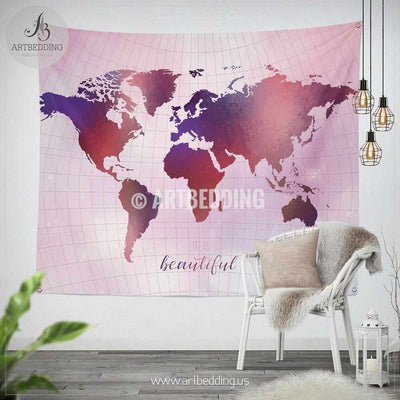 Wanderlust pink and purple world map wall Tapestry, Boho summer vibes  world map wall hanging, bohemian wall tapestries, boho wall decor Tapestry