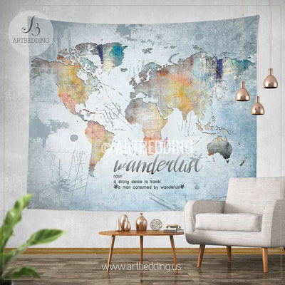 Wanderlust Quote wall Tapestry, World map watercolor wall hanging, Grunge world map wall tapestries, Hippie tapestry wall hanging, bohemian wall tapestries Tapestry