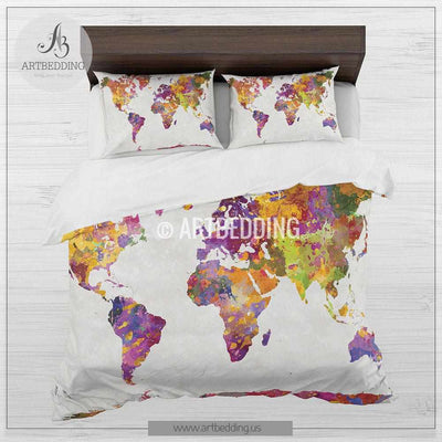 Watercolor world map bedding, Watercolor art print duvet cover set, Grunge splashes duvet cover set, College bedding, artbedding Bedding set