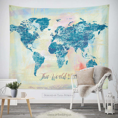 Watercolor World map wall Tapestry, Grunge world map wall tapestry, Hippie tapestry wall hanging, Modern watercolor map tapestries, Watercolor grunge bohemian decor Tapestry