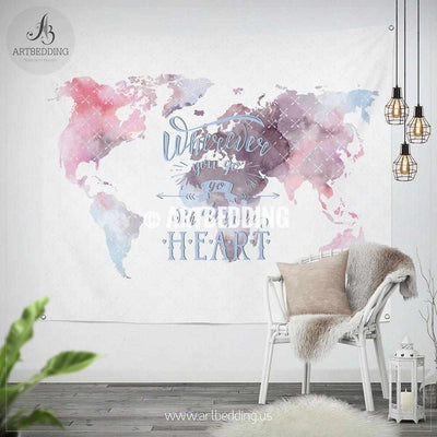 Watercolor world map wall Tapestry, Watercolor quote wall hanging, bohemian wall tapestries, boho wall decor Tapestry