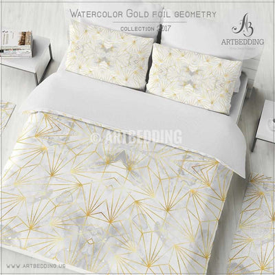White watercolor gold geometry Duvet cover, White and gray watercolor texture with gold foil geometry elements duvet cover, artbedding duvet cover
