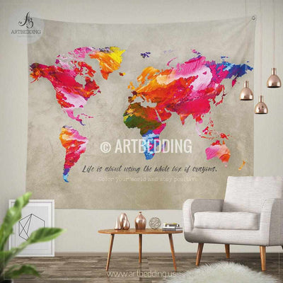 World map Quote wall Tapestry, world map watercolor inspirational quote wall hanging, Splashes of paint World map wall Tapestry, Grunge world map wall tapestry, Hippie tapestry wall hanging, bohemian wall tapestries Tapestry