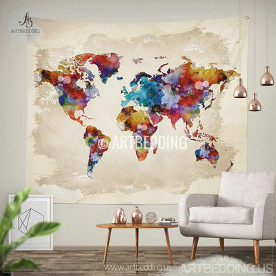 World map watercolor wall Tapestry, Grunge world map wall tapestry,Hippie tapestry wall hanging, bohemian wall tapestries, Modern watercolor map tapestries, Watercolor grunge bohemian decor Tapestry