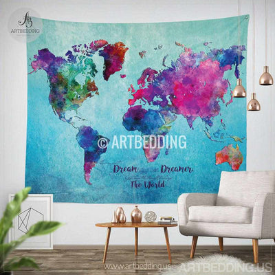 World map watercolor wall Tapestry, Grunge world map wall tapestry,Hippie tapestry wall hanging, bohemian wall tapestries, Modern watercolor map tapestries, Watercolor grunge bohemian decor Tapestry