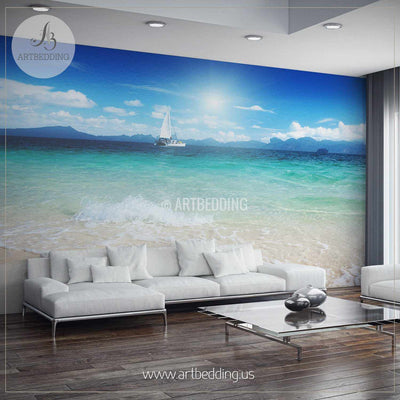 Yacht from the Shore Wall Mural, Self Adhesive Peel & Stick Photo Mural, Nature photo mural home decor wall mural
