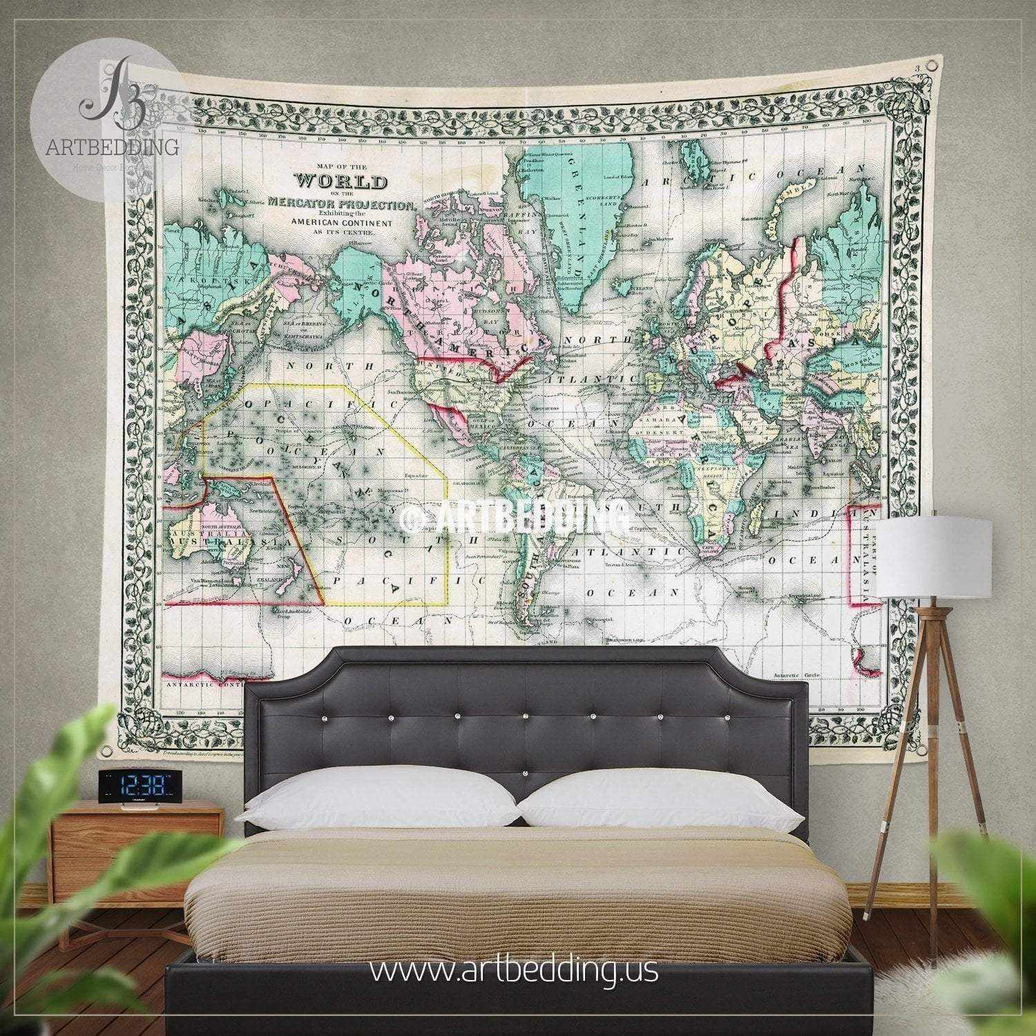 1870 Antique World Map wall tapestry, vintage interior map wall hangin ...