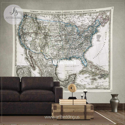 1872 Antique Stieler Map of the United States of America wall tapestry, vintage interior map wall hanging, old map wall decor, vintage map wall art print Tapestry