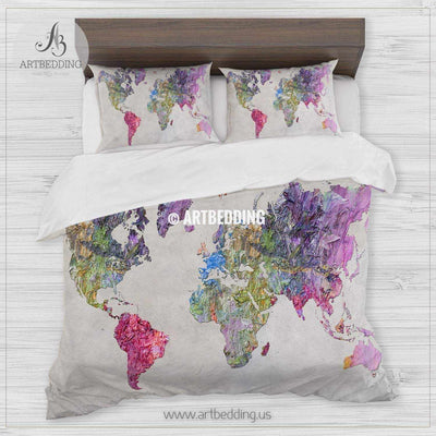 Abstract colorful painting world map bedding, Bohemian wanderlust world map duvet cover set in purple ping and green, Modern wanderlust world map comforter set Bedding set