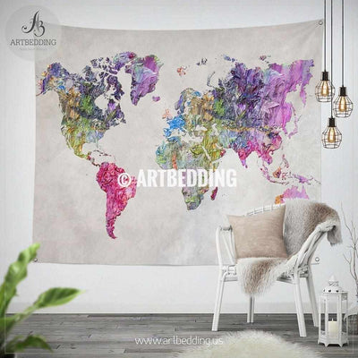 Abstract oil painting world map wall Tapestry, Boho multicolor summer vibes  world map wall hanging, bohemian wall tapestries, boho wall decor Tapestry