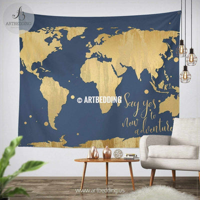 Adventure gold world map wall Tapestry, Boho blue adventure world map wall hanging, bohemian wall tapestries, boho wall decor Tapestry