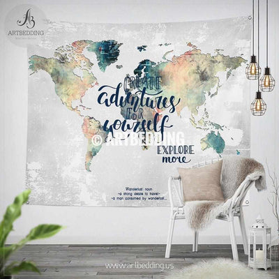 Adventure wall Tapestry, World map watercolor wall hanging, Grunge wanderlust world map wall tapestries, bohemian wall decor Tapestry
