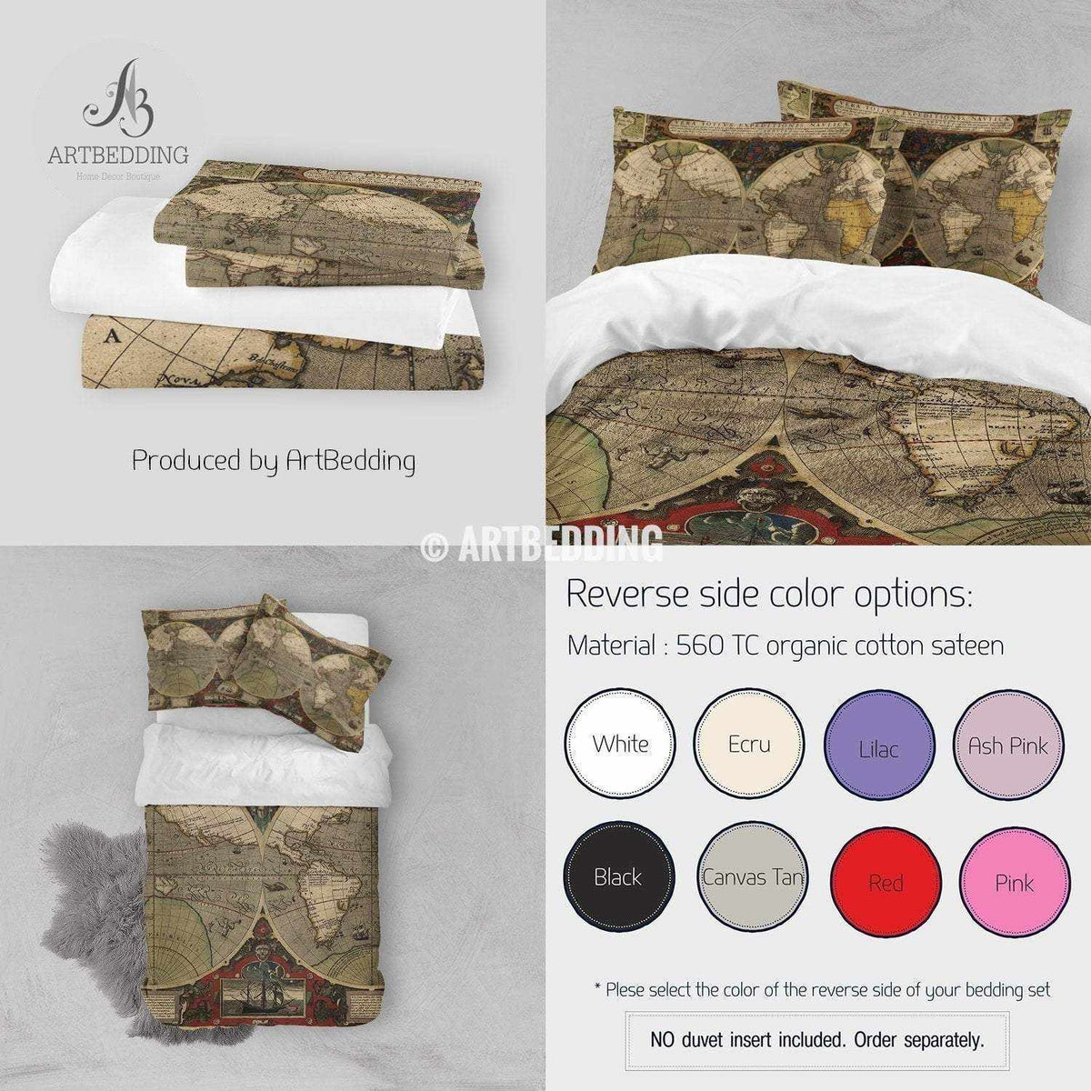 Ancient Map of World Hemisphere bedding, Vintage old map duvet cover s ...