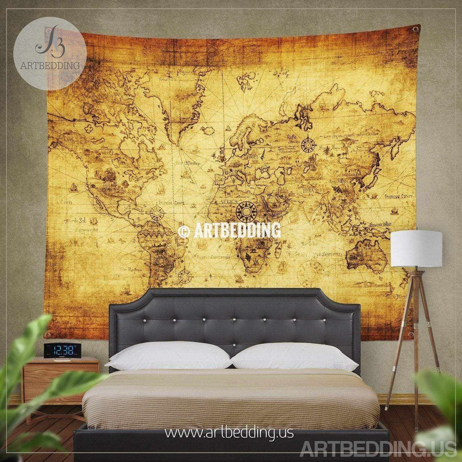 Ancient world map bedding, Vintage old map duvet cover set, Antique at ...