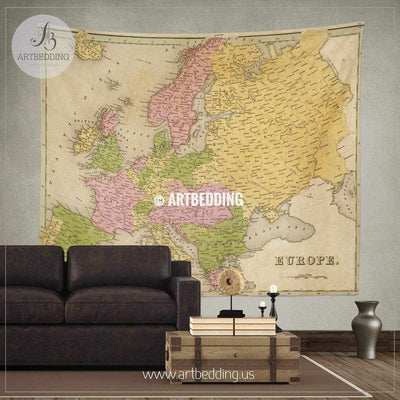 Antique map of Europe 1841 wall tapestry, vintage interior map wall hanging, old map wall decor, vintage map wall art print Tapestry