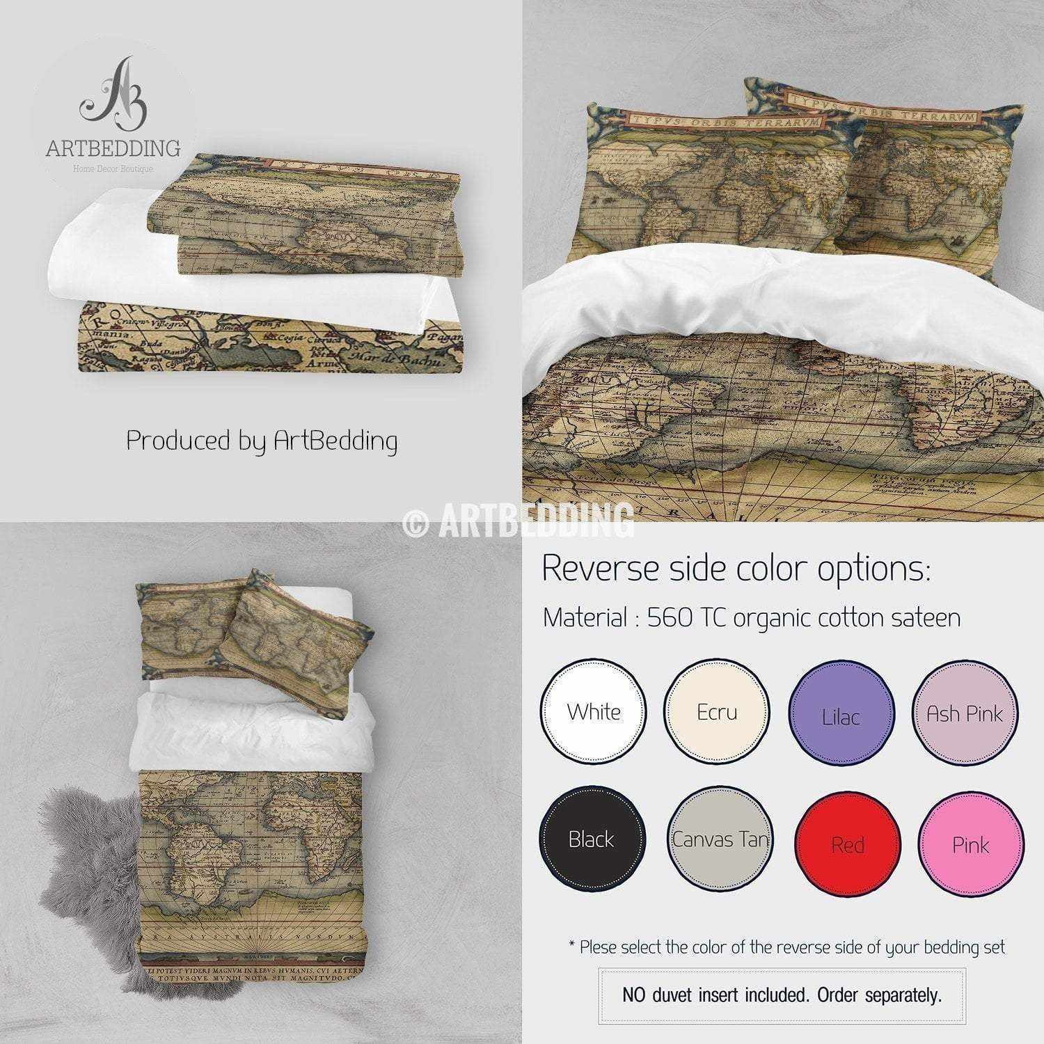 Antique Map of the World bedding, Vintage 1570 world map duvet cover s ...