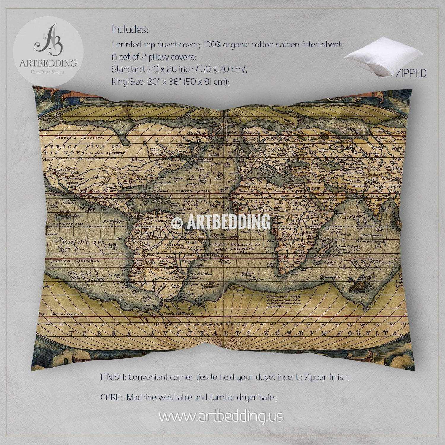 Antique Map of the World bedding, Vintage 1570 world map duvet cover s ...