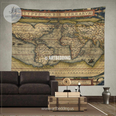 Antique Map of the World wall tapestry, vintage interior map wall hanging, old map wall decor, vintage map wall art print Tapestry