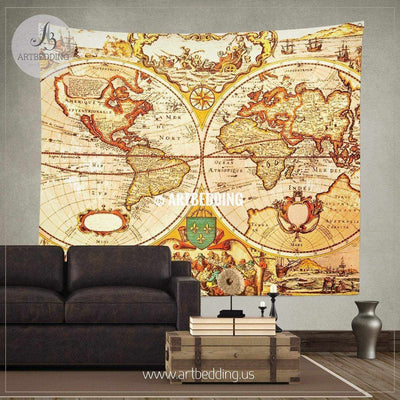 Antique map of the world wall tapestry, vintage interior map wall hanging, old map wall decor, vintage map wall art print Tapestry