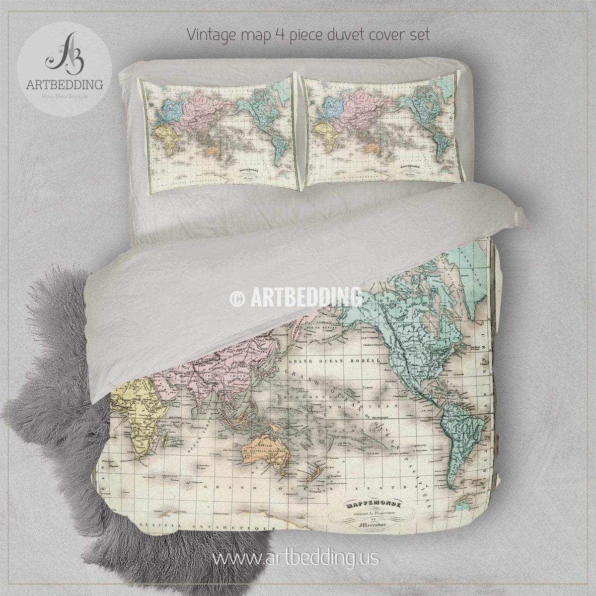 Antique Map of World bedding, Vintage old map duvet cover set, Vintage ...