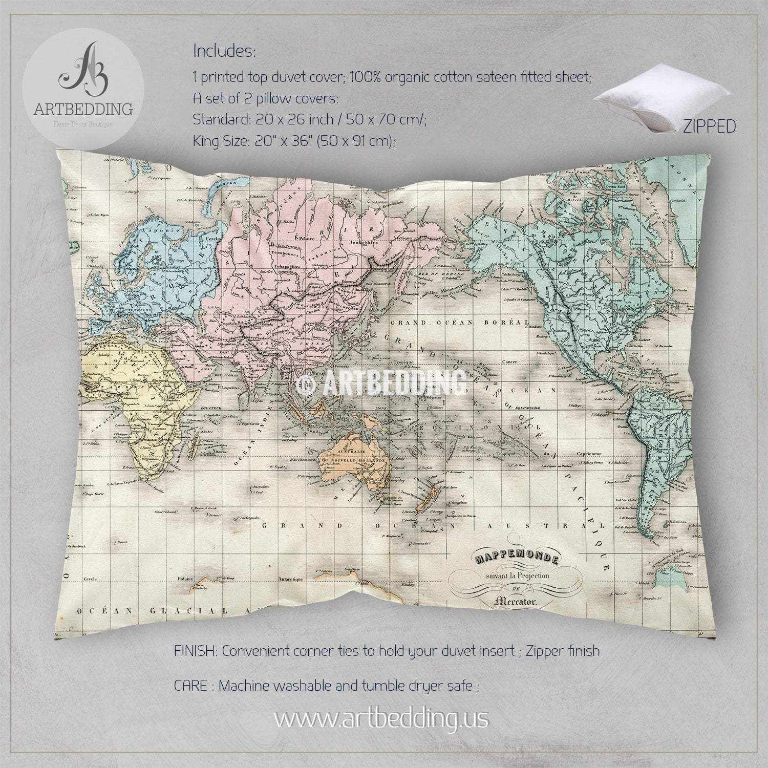 Antique Map of World bedding, Vintage old map duvet cover set, Vintage ...