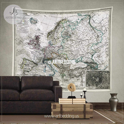 Antique Stieler Map of Europe 1872 wall tapestry, vintage interior map wall hanging, old map wall decor, vintage map wall art print Tapestry
