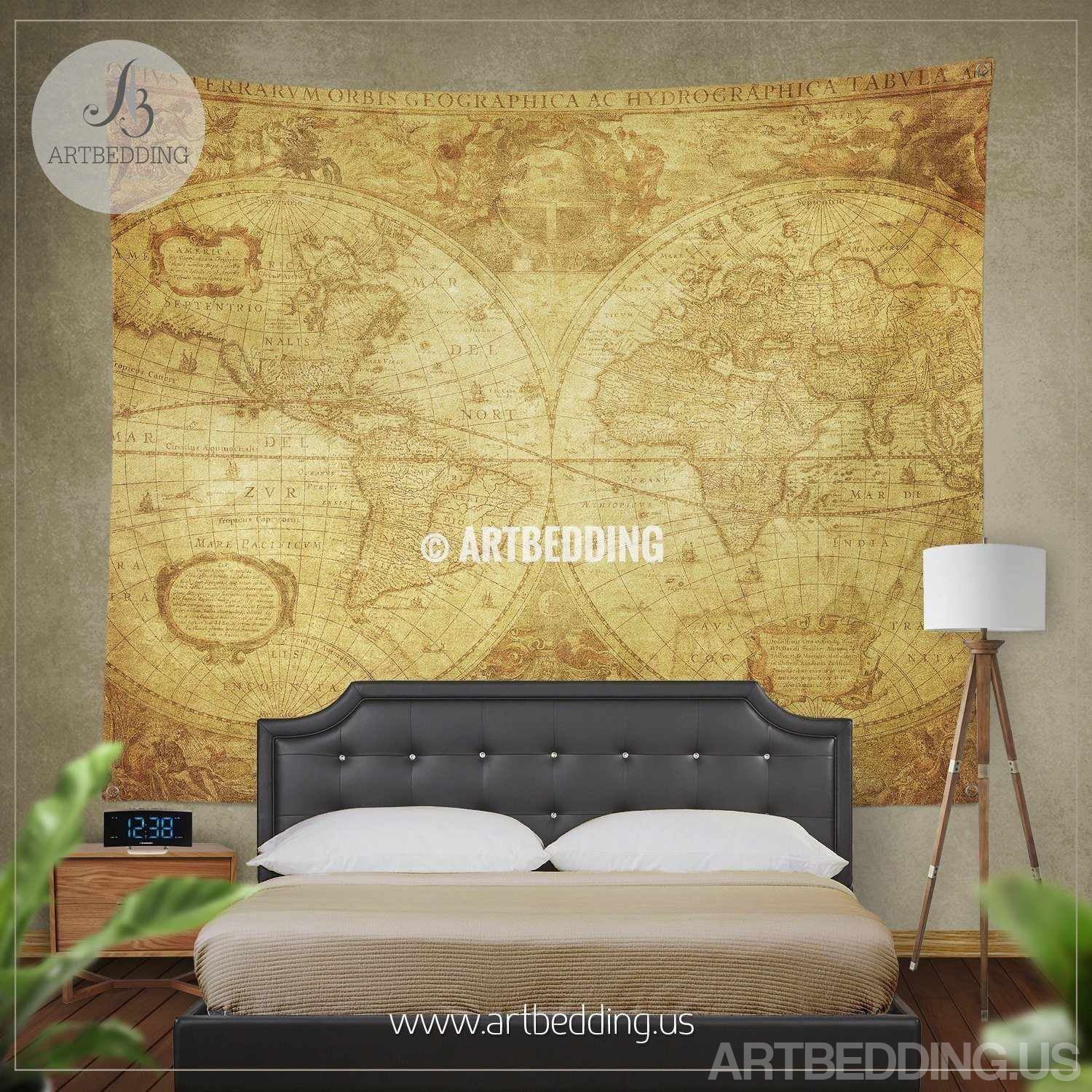 Antique world map bedding, Vintage old world map duvet cover set, stea ...