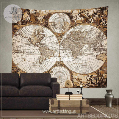 Antique world map wall tapestry, Ancient world map wall hanging, vintage old map wall decor, Steampunk wall art print Tapestry