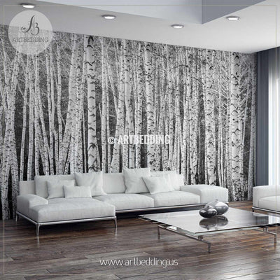 Birch forest, black and white Self Adhesive Peel & Stick, Nature wall mural wall mural
