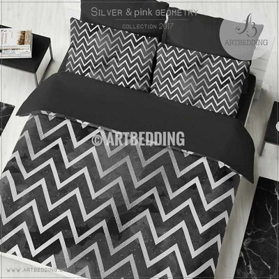 Black and Silver abstract geometry Duvet cover, Black handpainted watercolor background with silver abstract zigzag stripes geometry pattern duvet cover, artbedding duvet cover