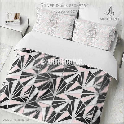 Black silver geometry Duvet cover, Black handpainted watercolor texture with silver and pink psychedelic triangle geometry pattern  duvet cover, artbedding duvet cover