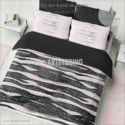 Black silver geometry Duvet cover, Black handpainted watercolor texture with silver and pink psychedelic wave geometry pattern duvet cover, artbedding duvet cover
